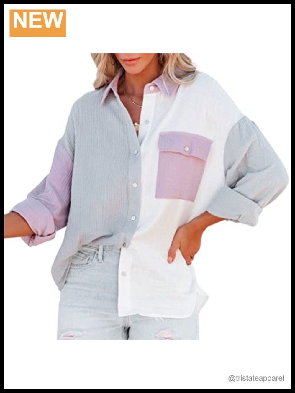 Cotton Polyester Color Block Long Sleeve Button Down Oversize Boyfriend Shirt